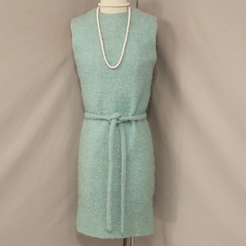 Ice Blue Mohair Dress Vintage 60s Original Belt Sleeveless Straight Shift